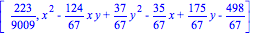 [223/9009, x^2-124/67*x*y+37/67*y^2-35/67*x+175/67*y-498/67]